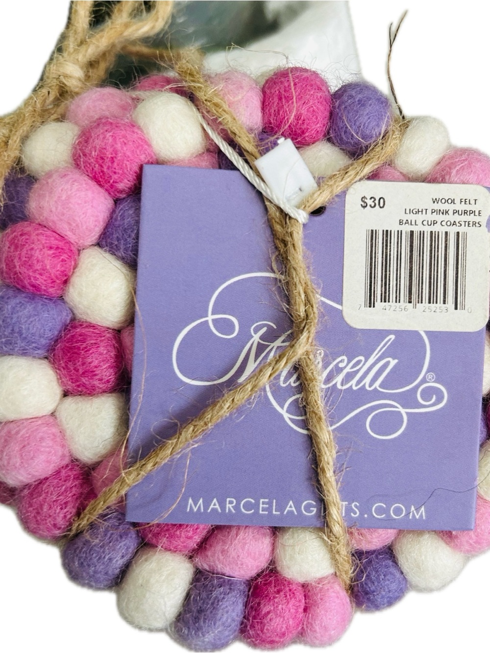 Pink Purple & White Felt Ball Four Piece Coaster Set Kitchen Dining Table Decor